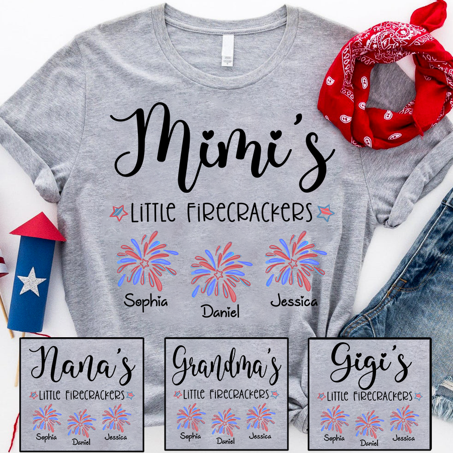 Mimi’s Little Firecrackers T Shirt, Custom Names with Firework Graphic, Great Gift for Grandma on 4th of July or Birthday