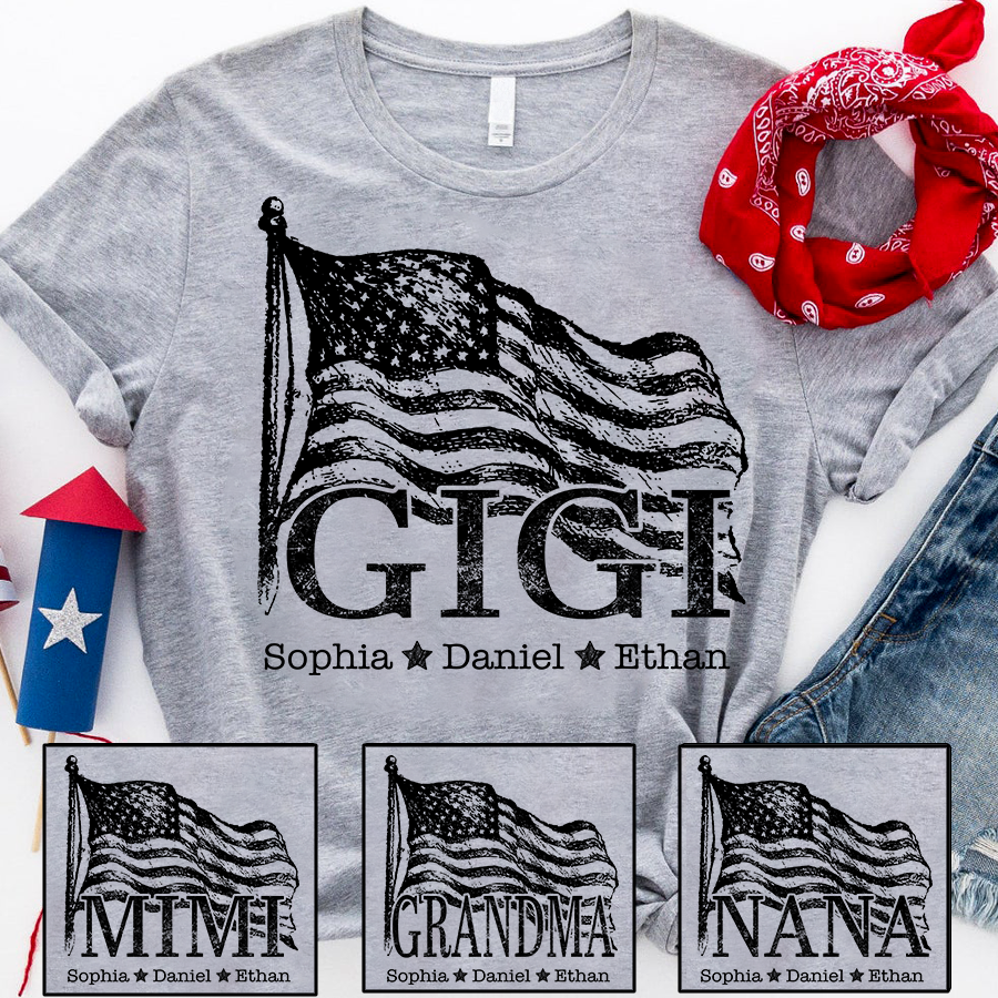 Gigi USA Flag T shirt, Personalized with Kids' Names, Custom Family Shirt for 4th of July
