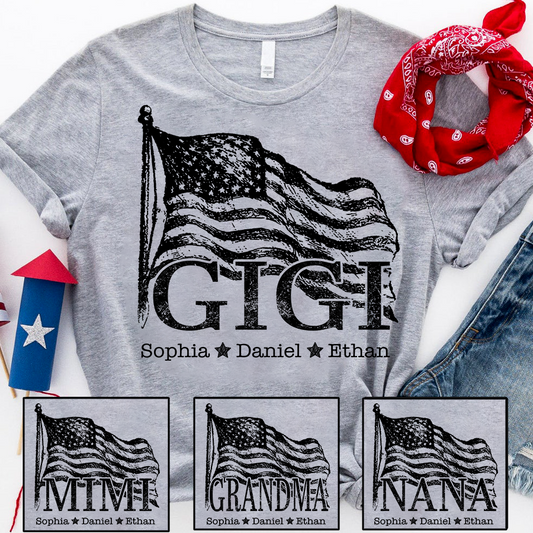Gigi USA Flag T shirt, Personalized with Kids' Names, Custom Family Shirt for 4th of July