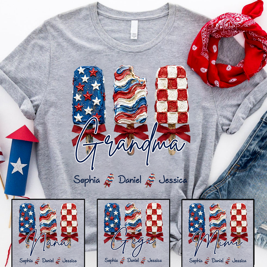 Personalized Grandma Patriotic Popsicle Shirt, Custom Grandma 4th of July T Shirt with Kids Names, Family Summer Gift