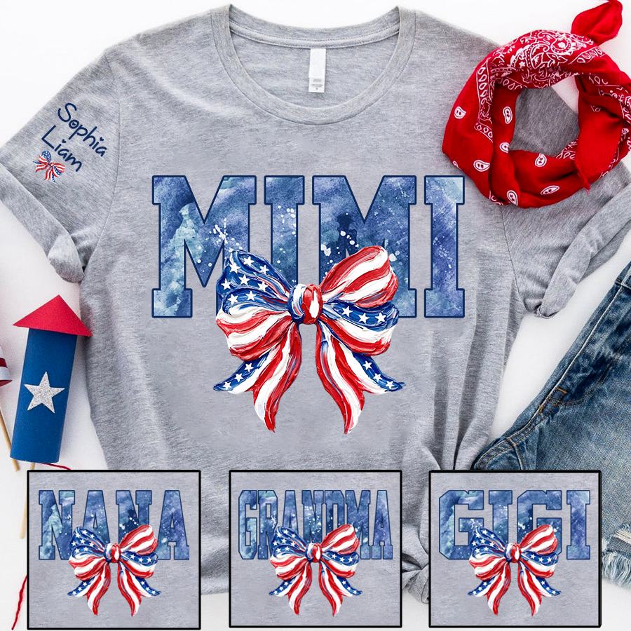 Custom Mimi Shirt with Sleeve Names, American Flag Bow Graphic Tee, Patriotic Grandma Independence Day Apparel