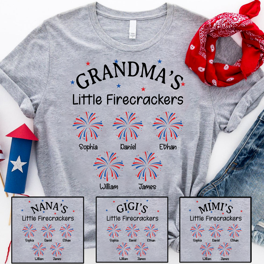 Grandma Little Firecrackers T shirt with Kids Names, Personalized Patriotic Shirt for 4th of July Family Gift