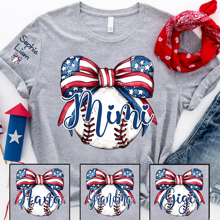 Personalized Mimi Baseball Shirt, Custom Grandma Baseball Bow T Shirt with Kids Names, Patriotic Family Gift for 4th of July