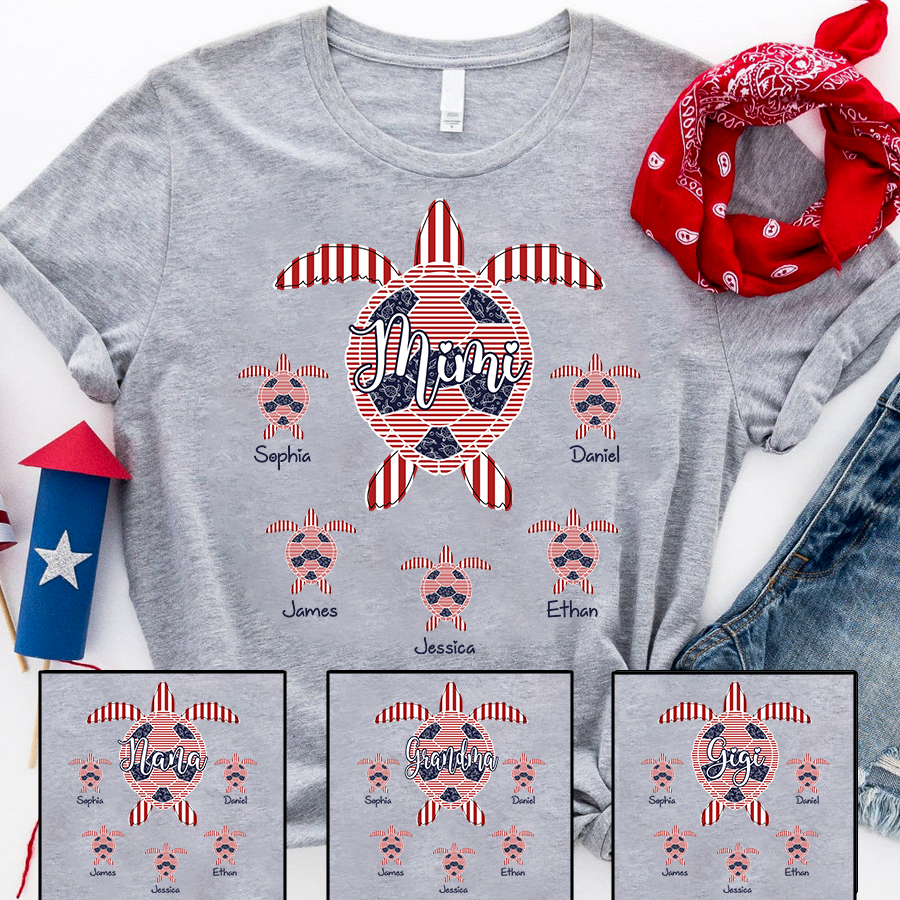 Personalized Mimi Sea Turtle Shirt with Grandkids Names, Custom Coastal Family Tee, Patriotic Beach Turtle Shirt for Women