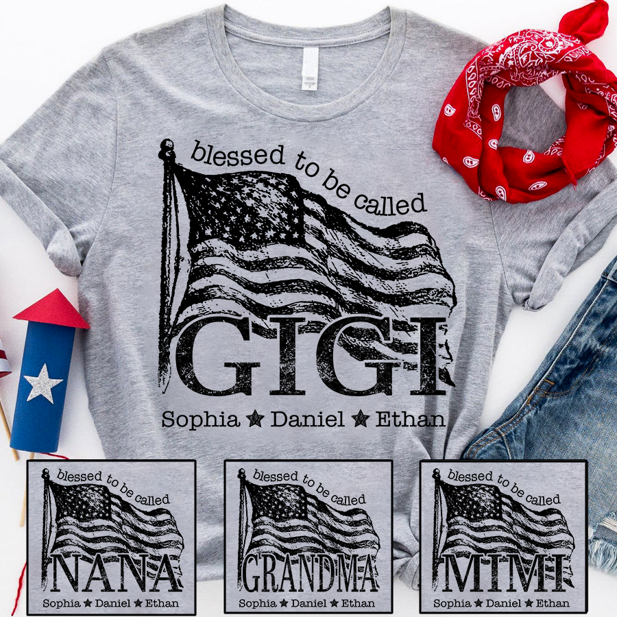 Blessed to Be Called Gigi T Shirt with American Flag, Custom Gift for Grandma, Personalized Family Shirt