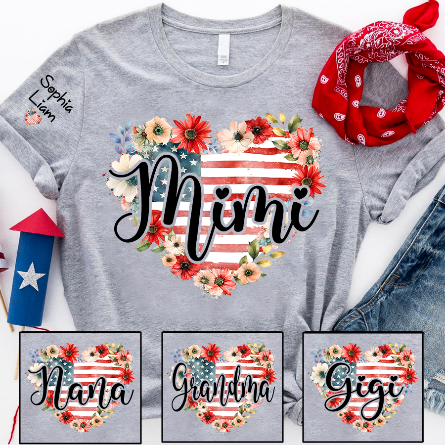 Mimi Patriotic Floral T Shirt, Custom Heart Design with American Flag, Personalized Gift for Grandma, Perfect for Mother’s Day