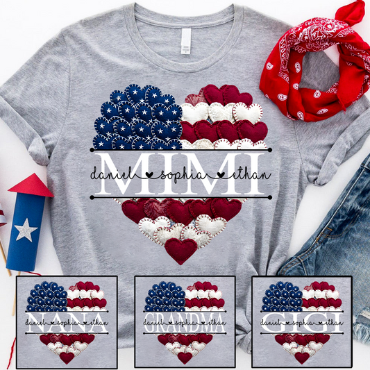 Personalized Mimi T Shirt, American Flag Heart Design, Custom Family Names Shirt
