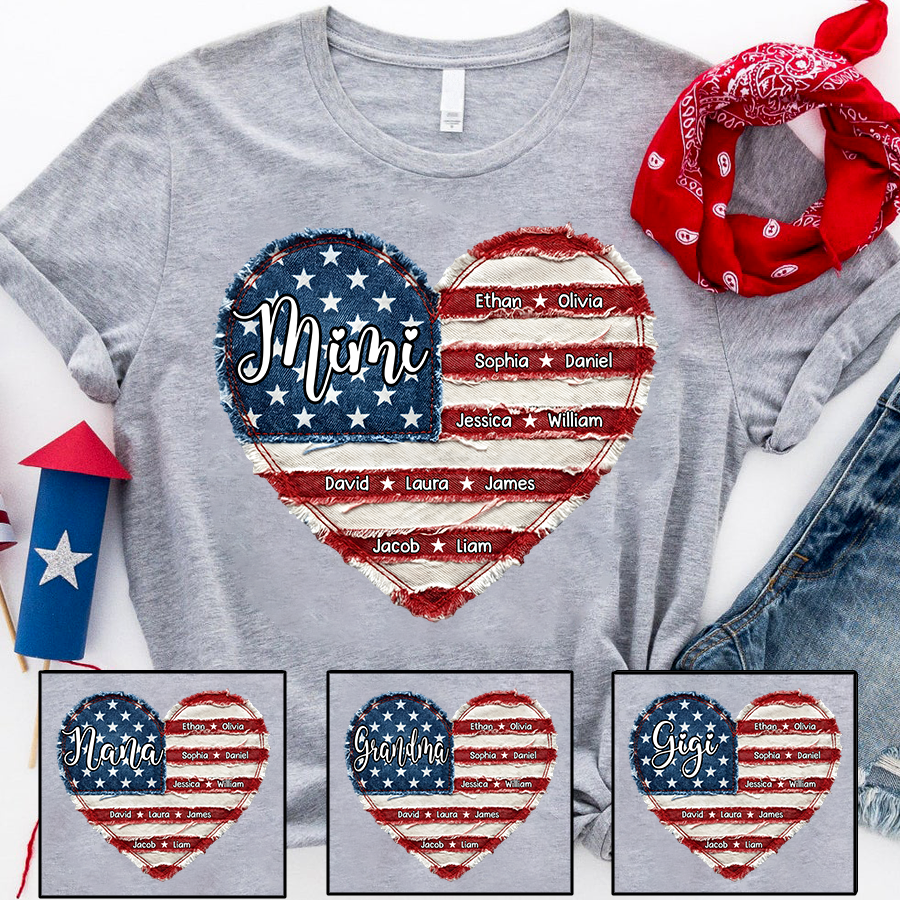 Personalized Mimi Shirt, Custom Family Names T Shirt, American Flag Heart Design, Patriotic Gift for Mimi