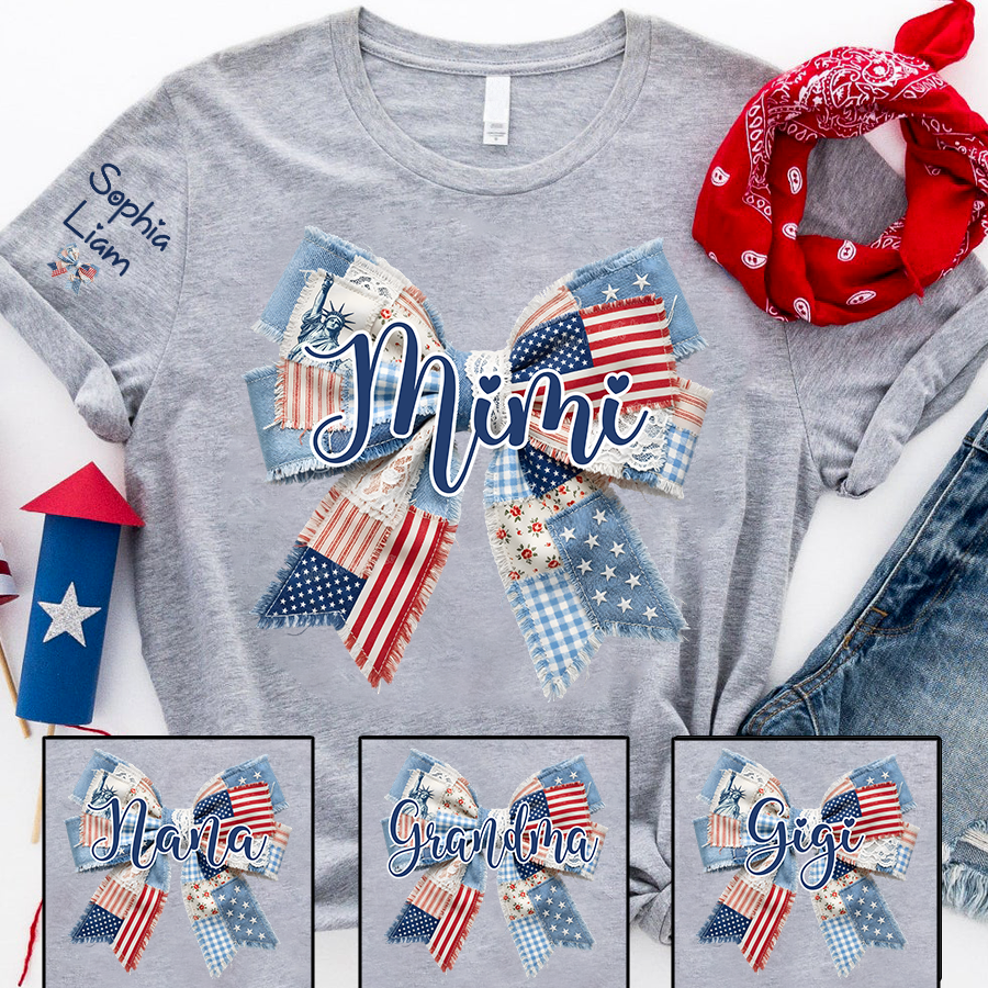 Patriotic Patchwork Bow Mimi T-Shirt, Personalized Grandma Tee with Kids Names for Birthday Mothers Day Christmas