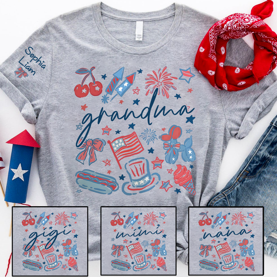 Grandma Custom T Shirt, Independence Day Themed Design with Fireworks, Stars, and USA Icons