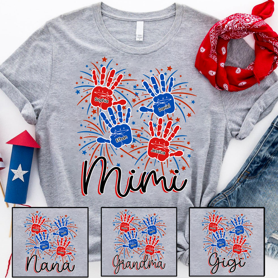 Personalized Mimi Shirt with Handprints, Custom Grandkids Names and Fireworks Design, Perfect Gift for Mimi