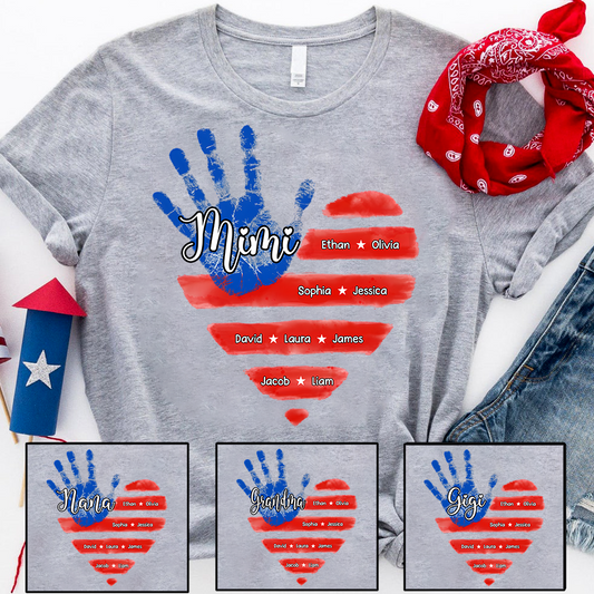 Custom Mimi Shirt, American Flag Handprint with Family Names, Personalized Gift for Mimi, Patriotic Grandkids Shirt