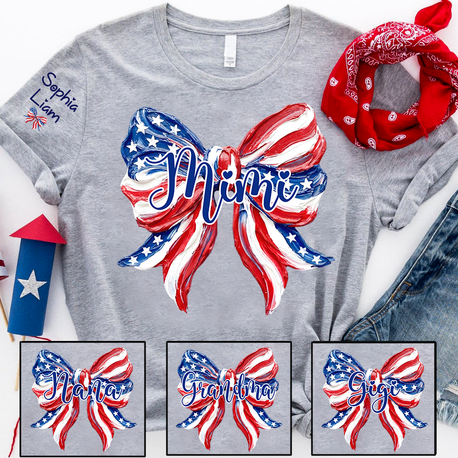 Personalized Mimi Patriotic Bow Shirt, Custom Grandma Tee with Kids Names, Fourth of July Gift for Nana Gigi Women