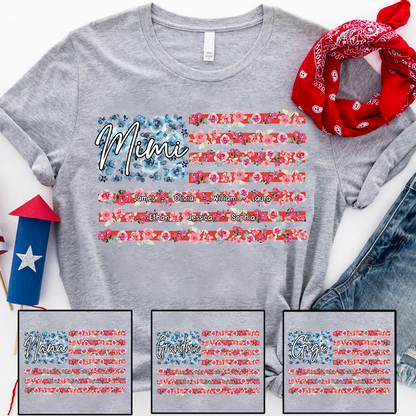 Personalized Mimi Shirt with Floral American Flag, Custom Grandkids Names T Shirt, Patriotic Gift for Mimi