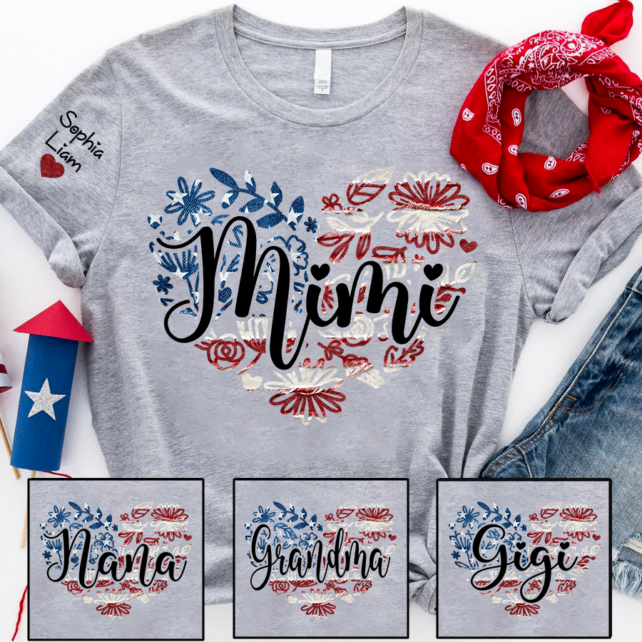 Custom Mimi T Shirt with Kids Names Patriotic Heart American Flag Floral Design Personalized Family Gift for Mimi