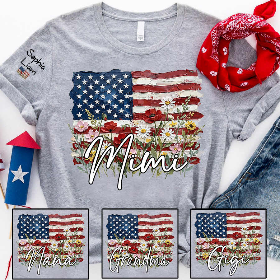 Personalized Mimi Shirt with American Flag Floral Design, Custom Grandma Name Tee, Family Gift Shirt