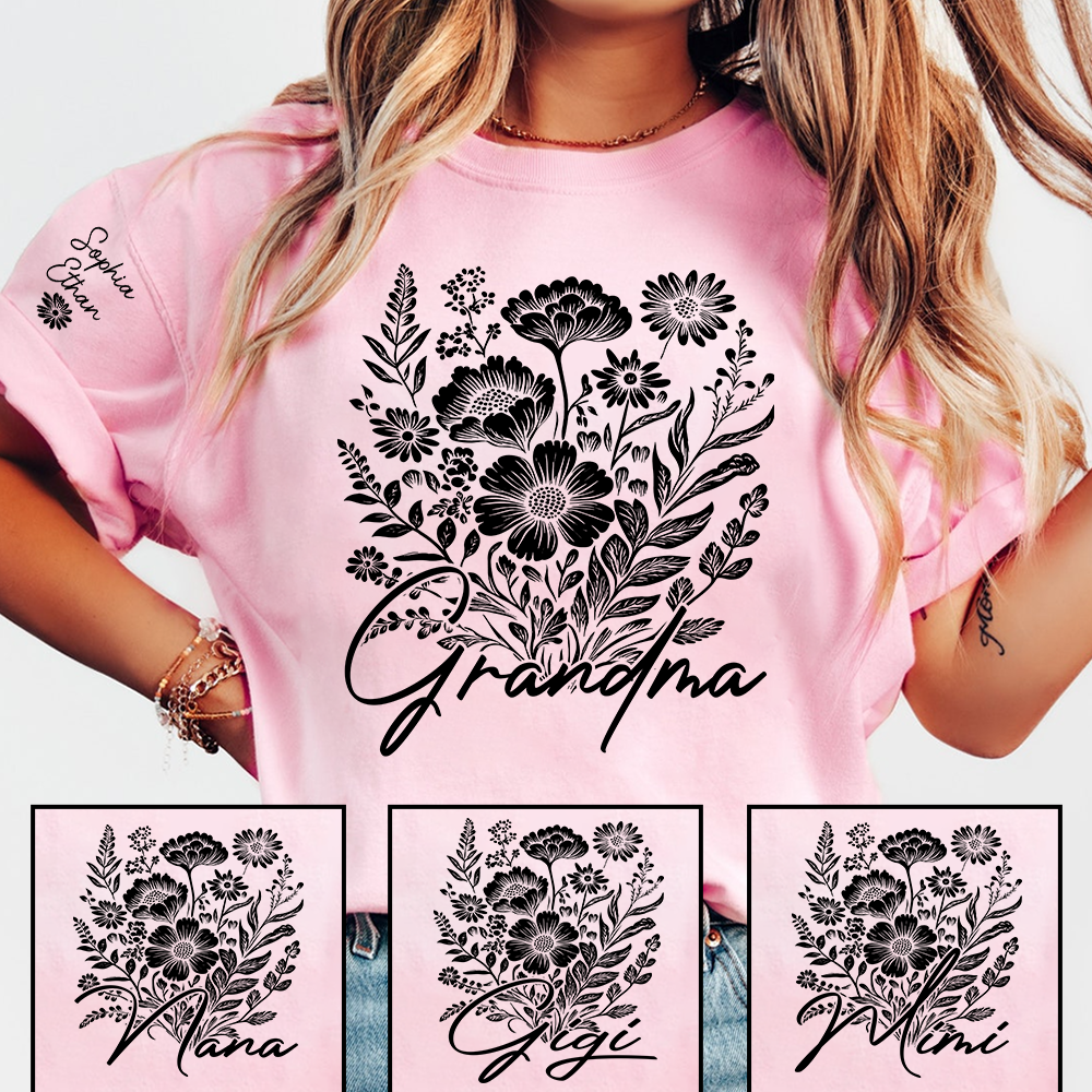 Grandma Floral Line Art Shirt, Minimalist Flower Grandma Tee, Personalized Grandma Gift, Elegant Botanical Shirt for Grandma