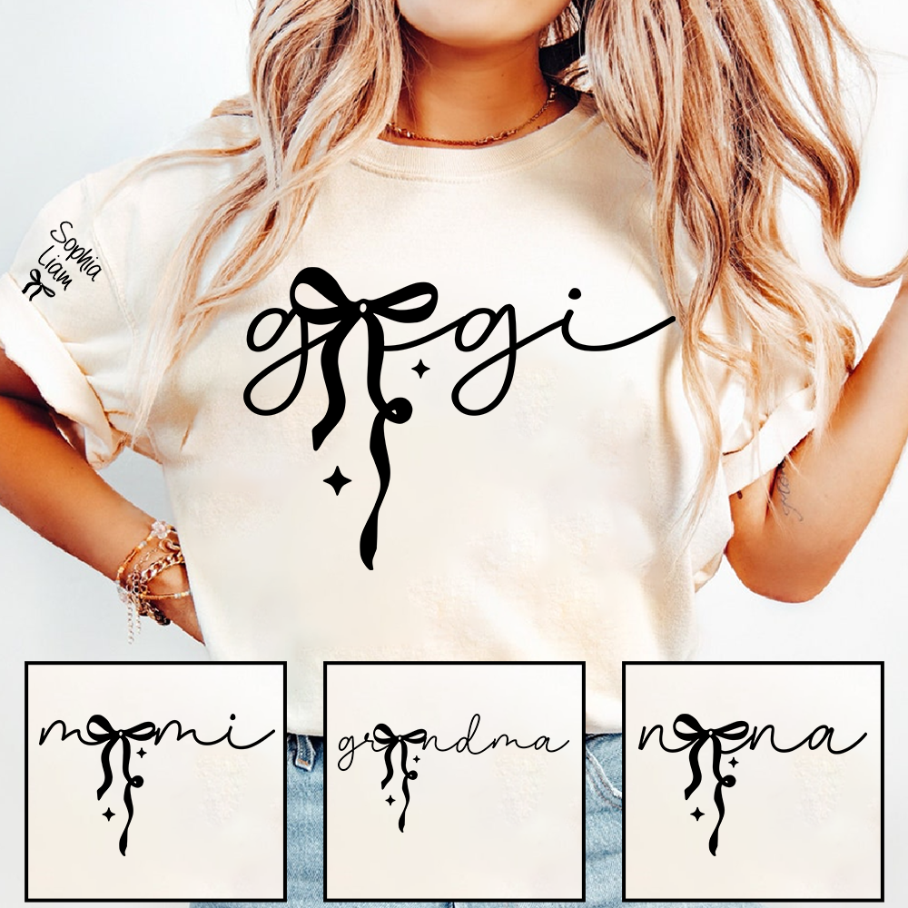 Gigi Script Bow T Shirt, Modern Minimal Grandma Shirt, Personalized Name on Sleeve, Soft Casual Gift for Gigi Grandma