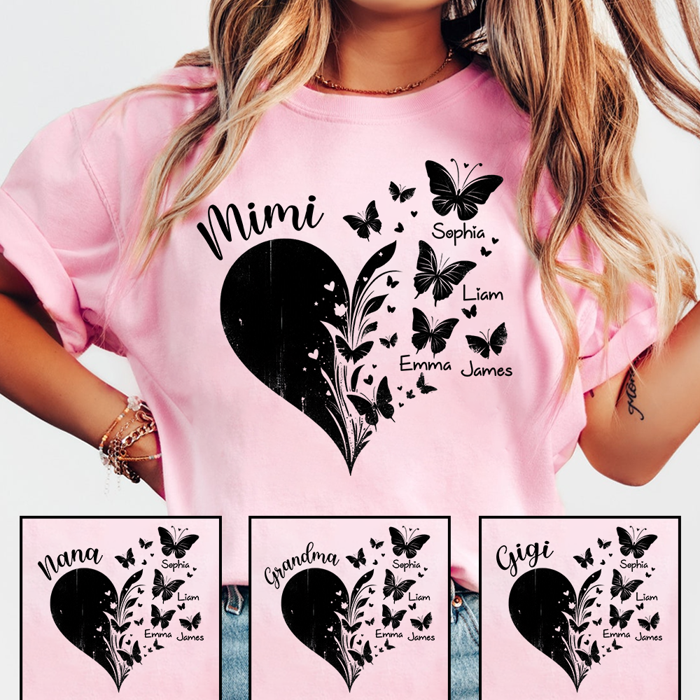 Mimi Butterfly Heart Shirt with Kids Names, Personalized Mimi Grandma T-Shirt Gift for Her
