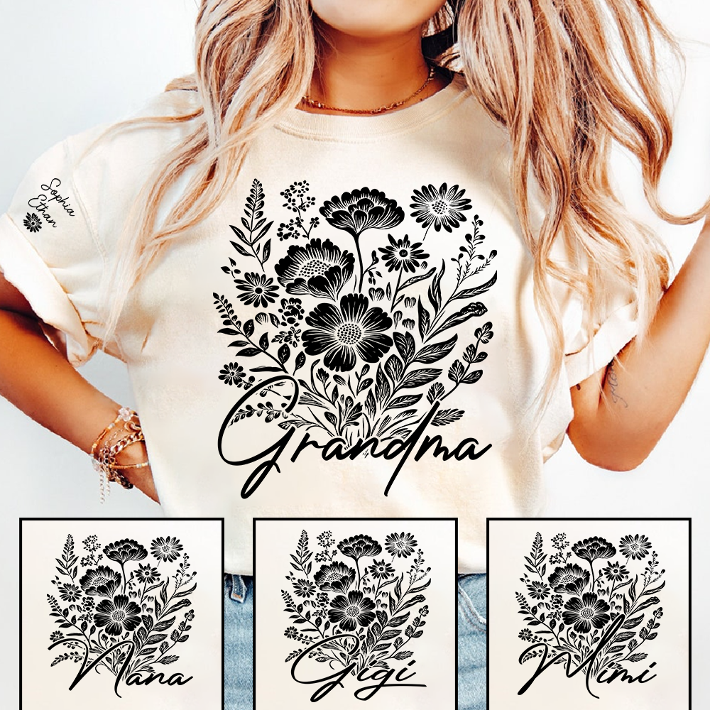Grandma Floral Line Art Shirt, Minimalist Flower Grandma Tee, Personalized Grandma Gift, Elegant Botanical Shirt for Grandma
