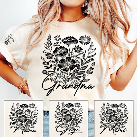 Grandma Floral Line Art Shirt, Minimalist Flower Grandma Tee, Personalized Grandma Gift, Elegant Botanical Shirt for Grandma