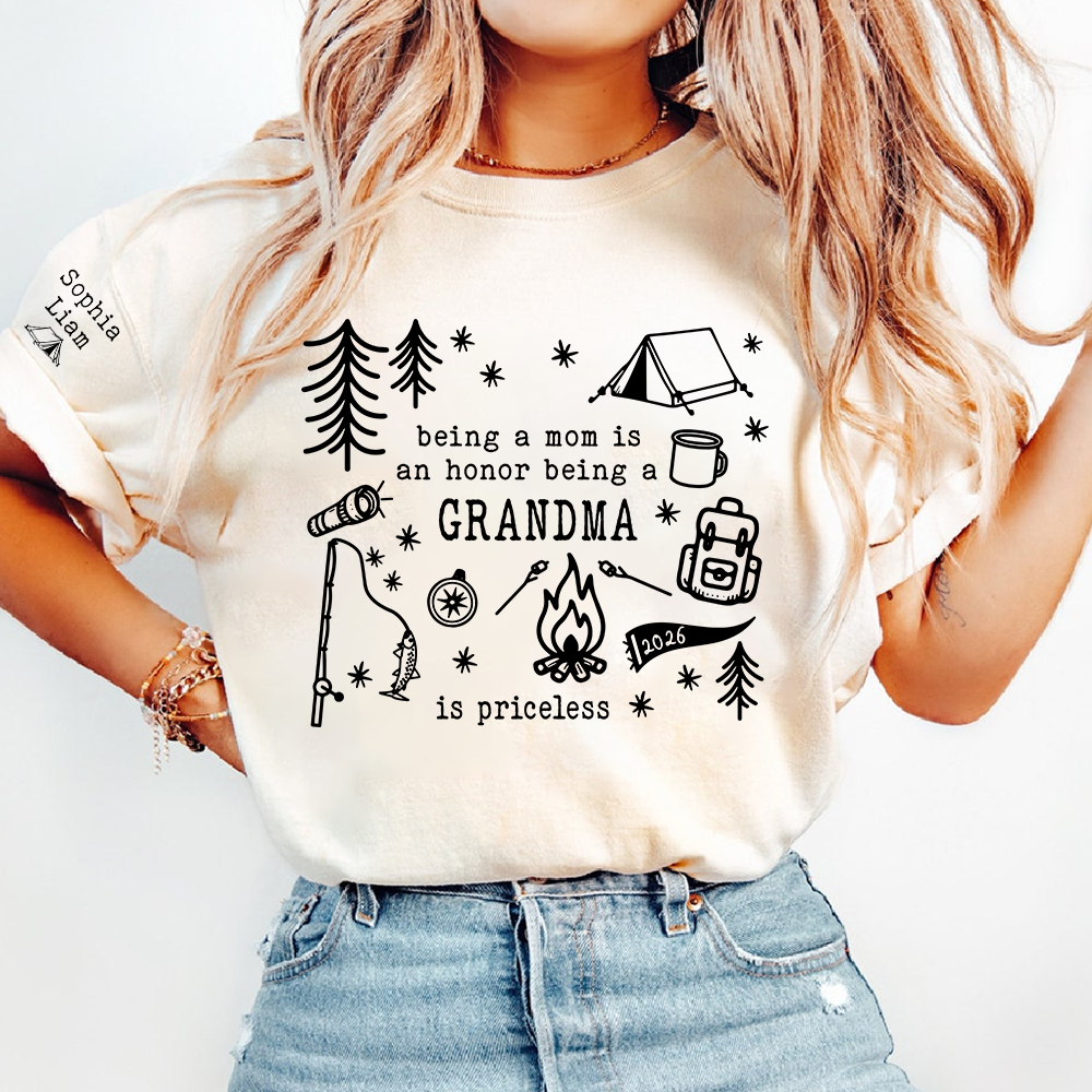 Personalized Camping Grandma Shirt, Custom Grandkids Names Sleeve Tee, Being a Mom Is an Honor Being a Grandma Is Priceless