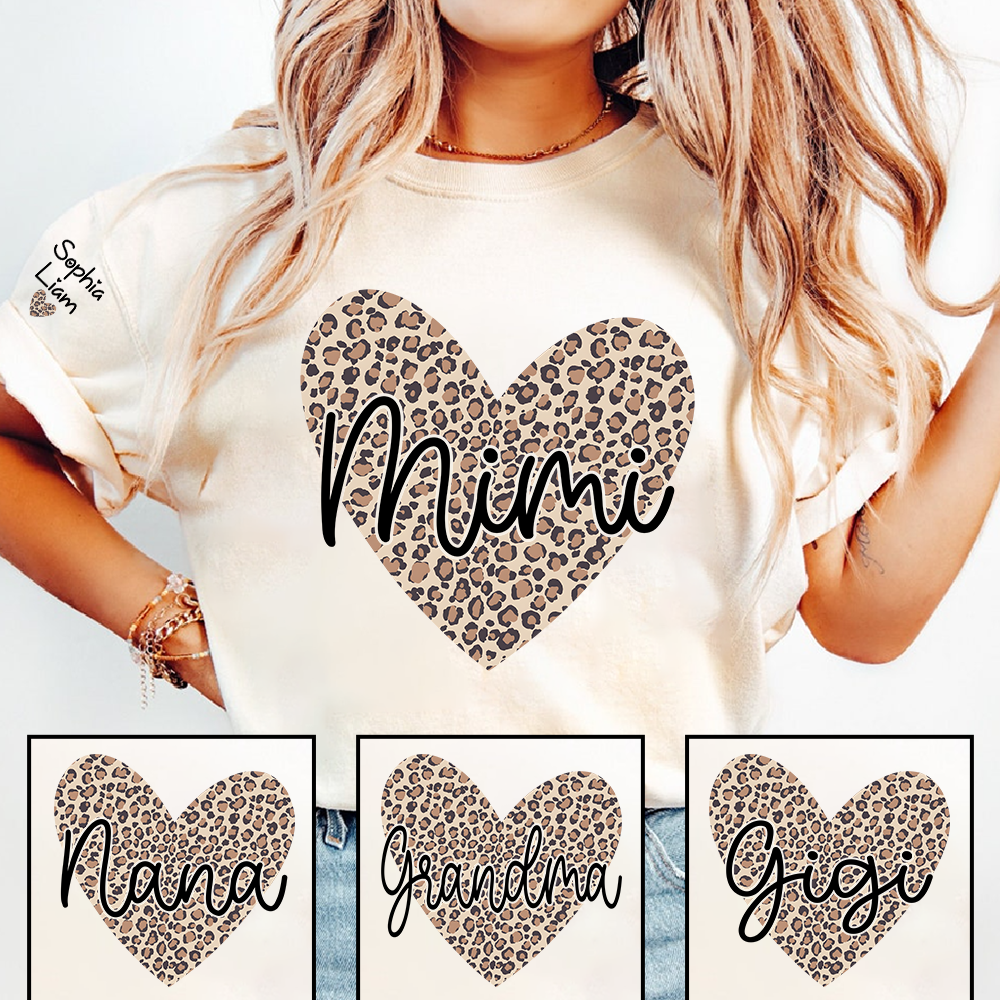 Mimi Leopard Heart Shirt for Women, Cute Mimi Grandma T-Shirt with Animal Print Heart Design