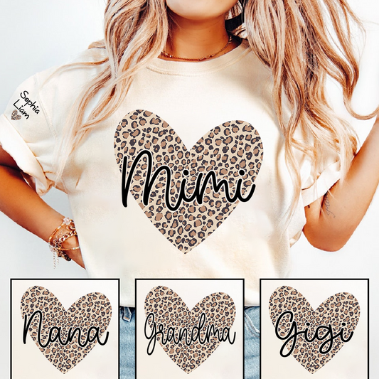 Mimi Leopard Heart Shirt for Women, Cute Mimi Grandma T-Shirt with Animal Print Heart Design