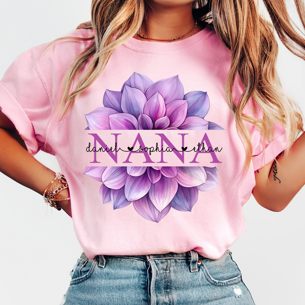 Custom Nana T Shirt with Beautiful Purple Flower, Personalized Grandma Gift with Grandkids Names
