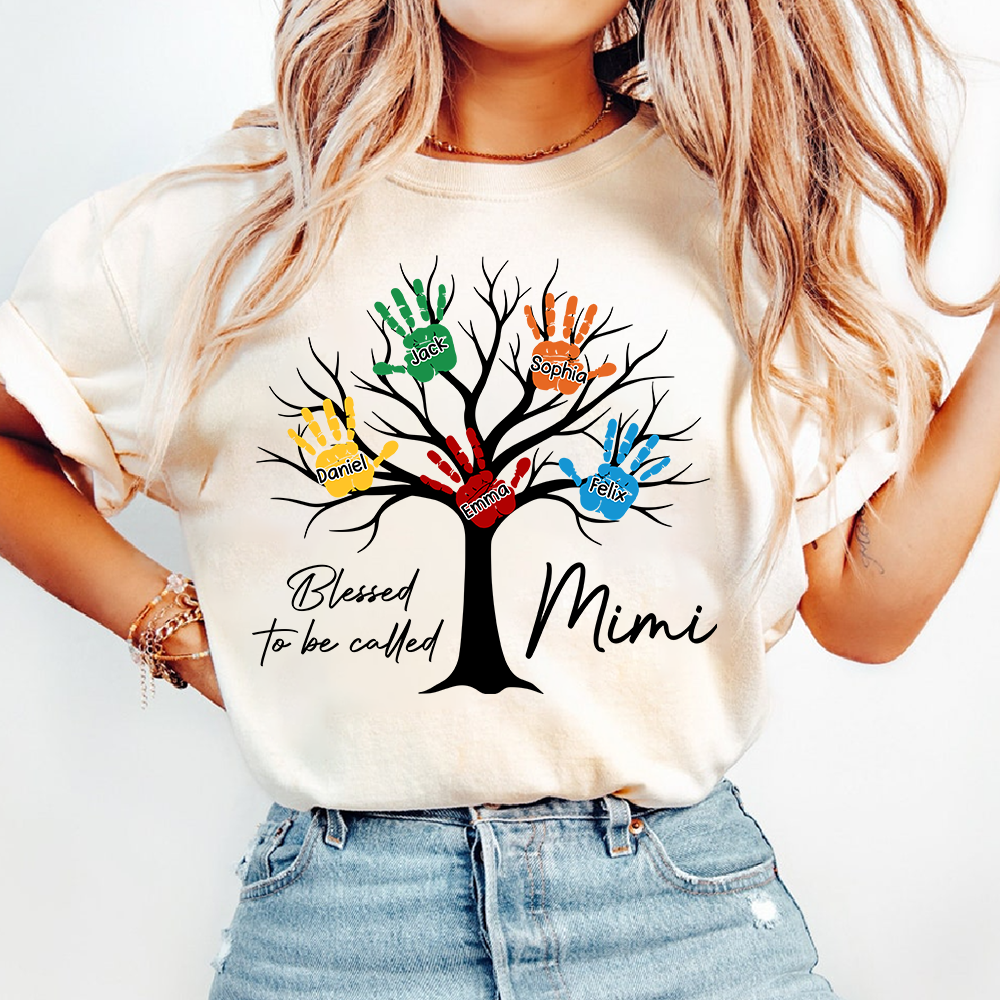 Personalized Mimi Shirt Blessed To Be Called Mimi Custom Grandkids Names Handprint Tree Grandma Gift
