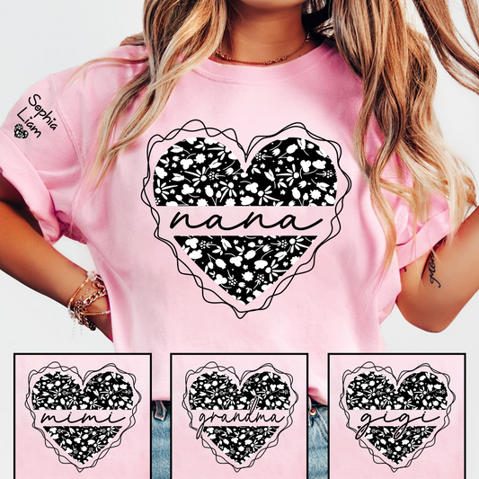 Nana Floral Heart Shirt for Women, Cute Grandma Nana T-Shirt with Vintage Flower Heart Design Gift for Her