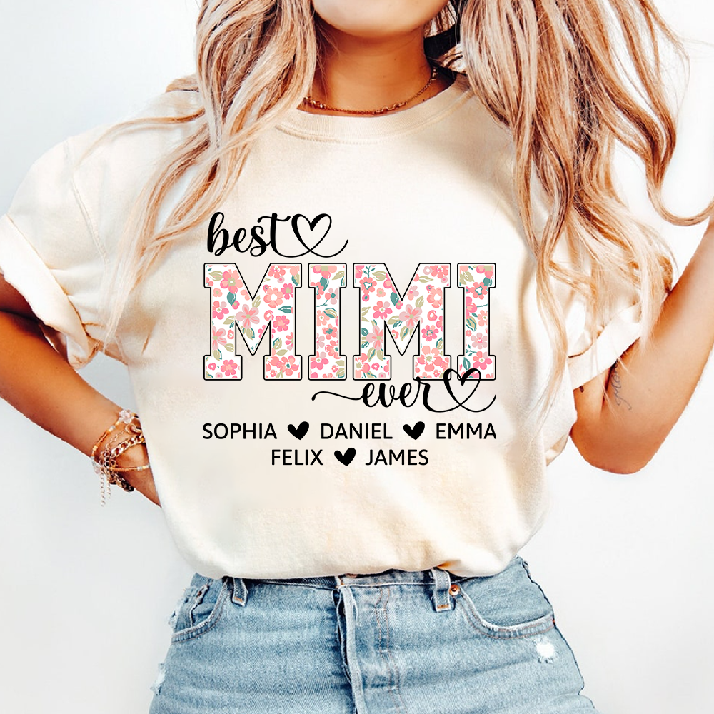 Best Mimi Ever Personalized T Shirt, Custom Floral Design with Grandkids Names