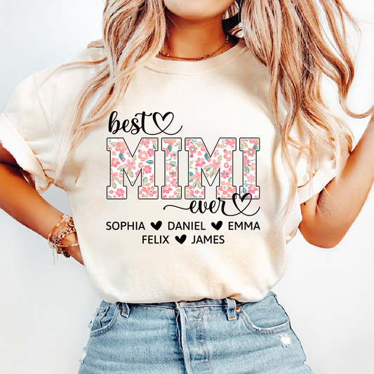 Best Mimi Ever Personalized T Shirt, Custom Floral Design with Grandkids Names