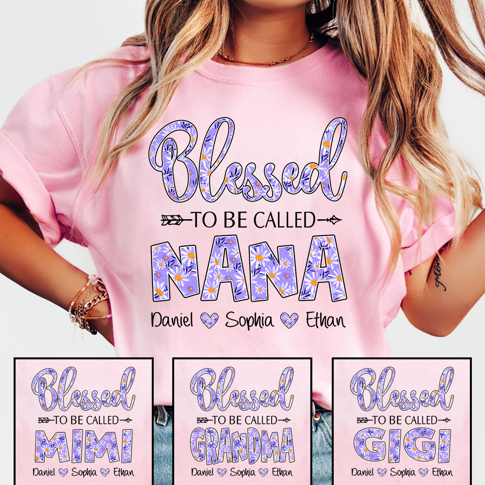 Blessed to Be Called Nana Shirt, Personalized Grandma T Shirt with Grandkids Names, Purple Floral Design