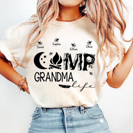 Personalized Camp Grandma Life Shirt, Custom Grandkids Names Camping T-Shirt, Outdoor Grandma Gift, Campfire Family Tee