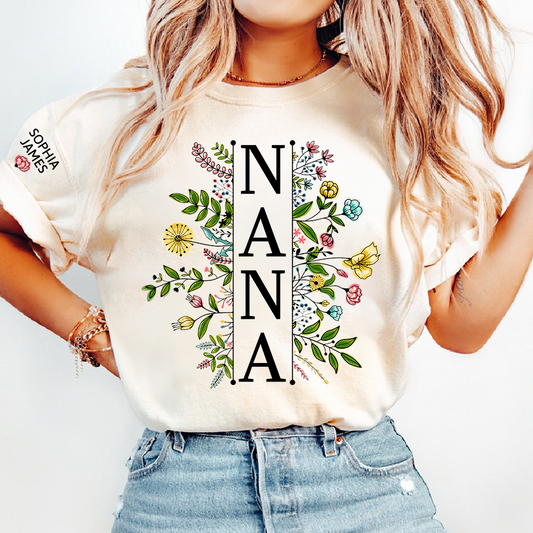 Custom Nana T Shirt with Colorful Floral Artwork, Personalized Gift for Grandma Featuring Kids Names