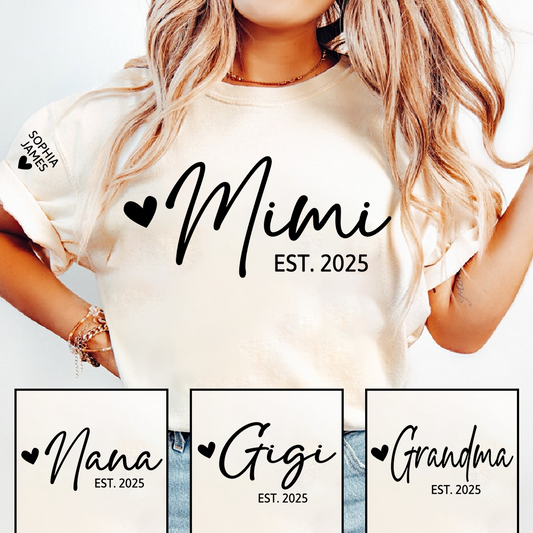 Mimi EST 2025 T-Shirt, Custom Grandma Shirt with Heart, Personalized Family Role Apparel for Her