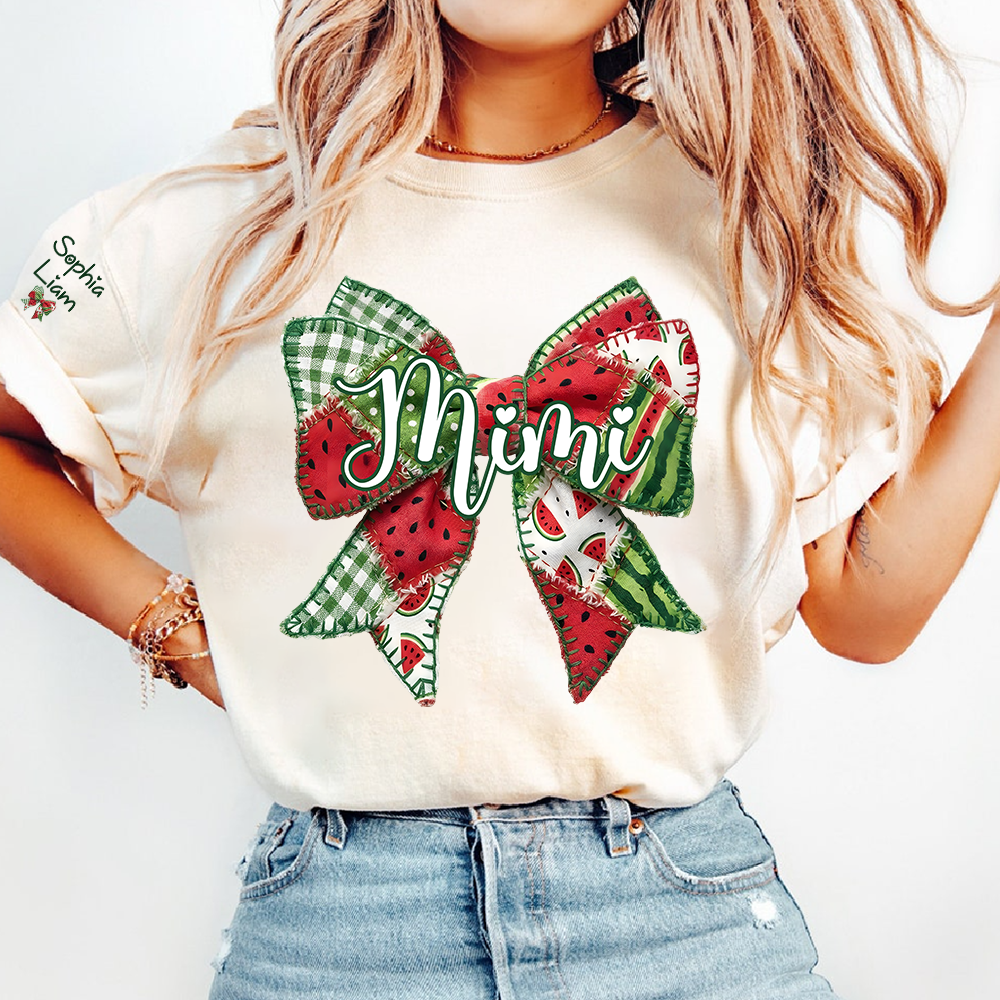 Personalized Mimi Watermelon Bow Shirt, Custom Grandma T Shirt with Grandkids Names, Summer Family Tee for Nana Gigi Mimi