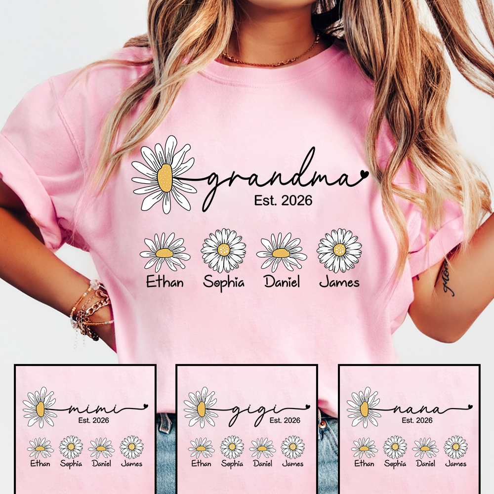 Personalized Grandma Est 2026 Shirt with Kids Names, Custom Daisy Flower T-Shirt for New Grandma, Family Gift Idea