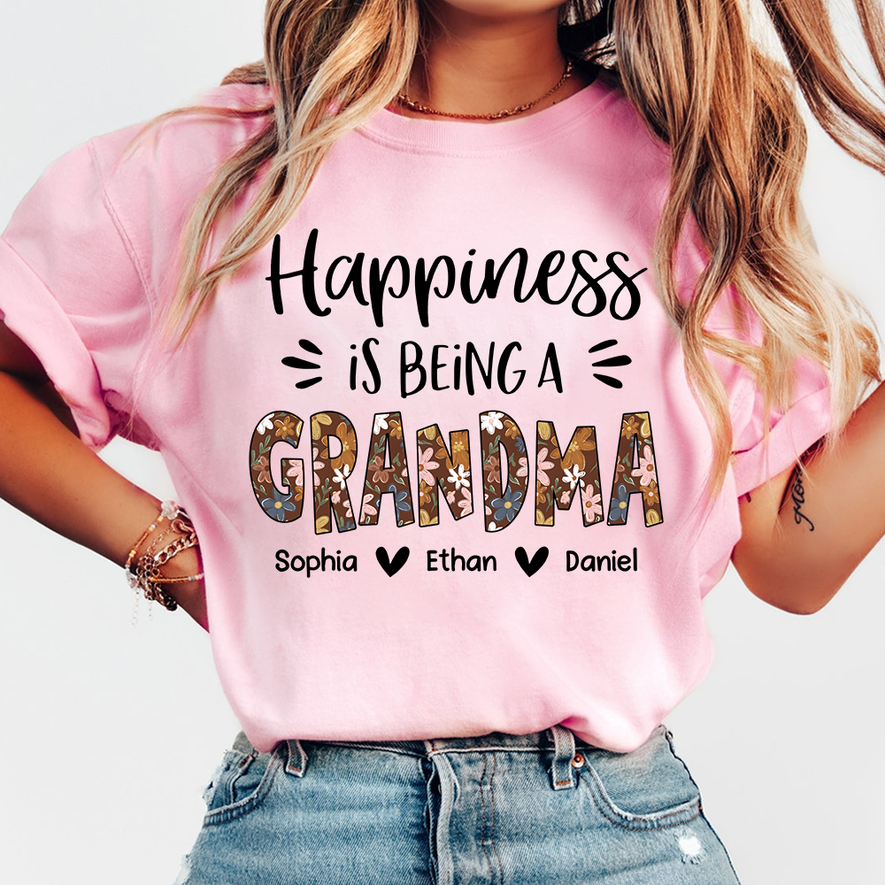 Happiness Is Being a Grandma Shirt, Floral Pattern Grandma Tee, Personalized Name Gift for Grandma