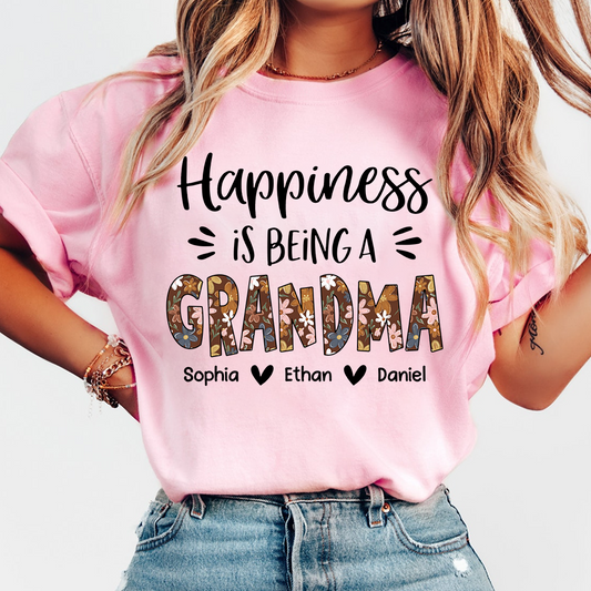 Happiness Is Being a Grandma Shirt, Floral Pattern Grandma Tee, Personalized Name Gift for Grandma