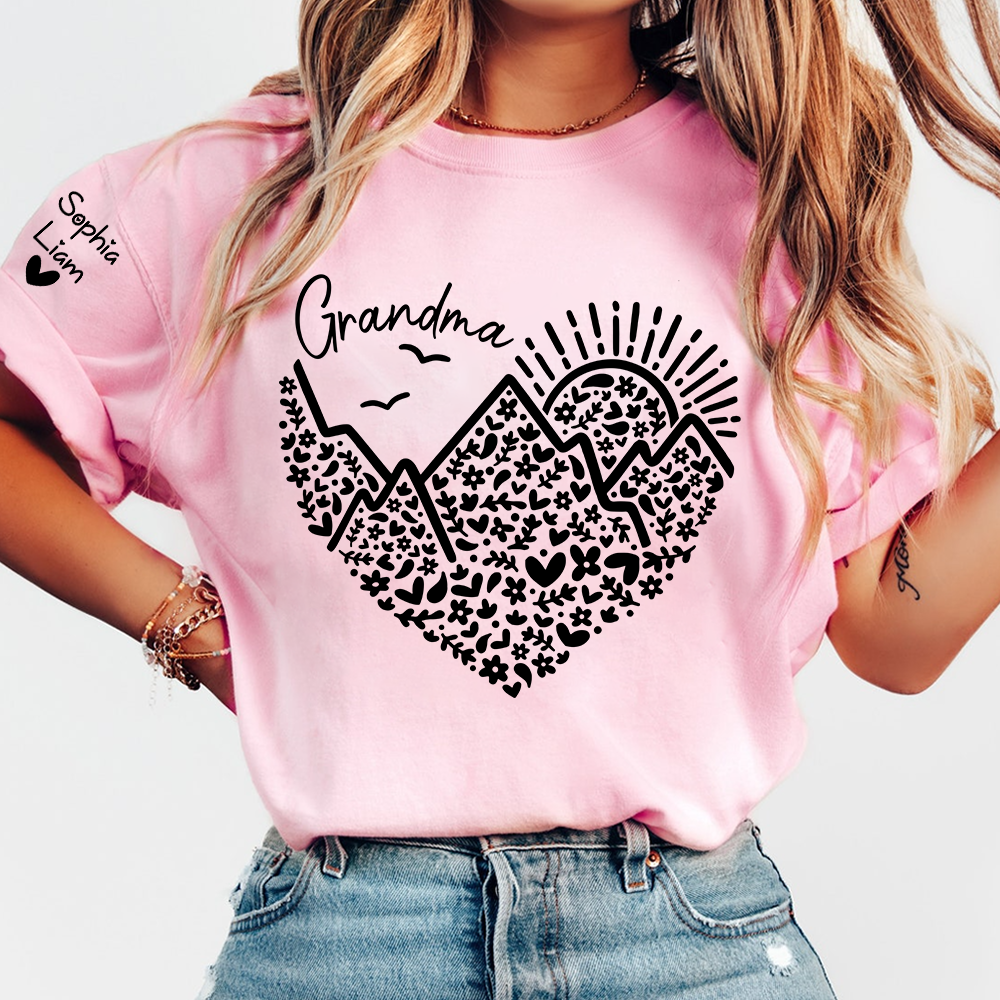 Personalized Grandma Mountain Heart Shirt, Custom Grandma T Shirt with Kids Names on Sleeve, Floral Family Gift for Women