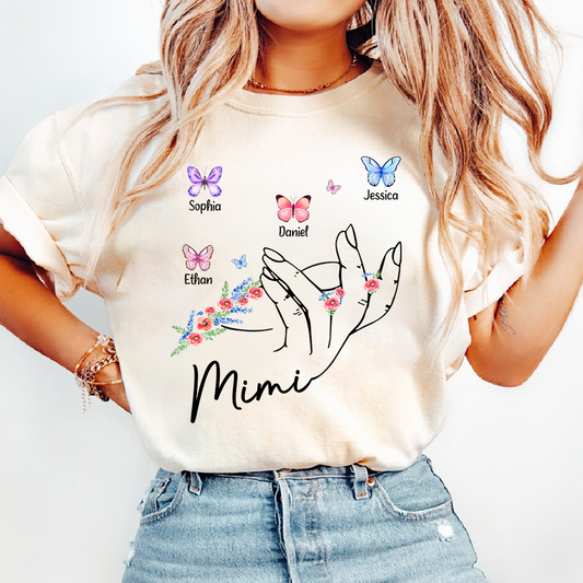 Personalized Mimi Shirt with Kids Names and Butterflies – Custom Grandma Gift with Hand Holding Design