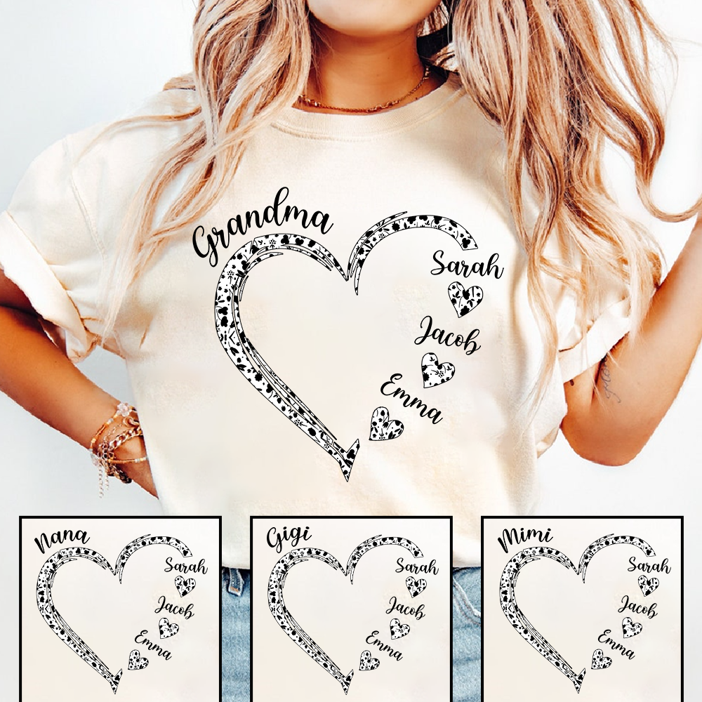 Personalized Grandma Shirt with Grandkids Names, Custom Heart Grandma T Shirt Gift