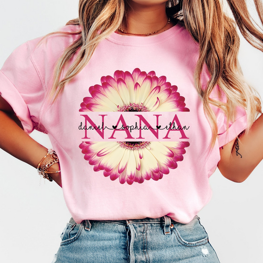 Personalized Nana T-Shirt with Pink Flower Graphic – Custom Grandma Gift Featuring Grandkids Names