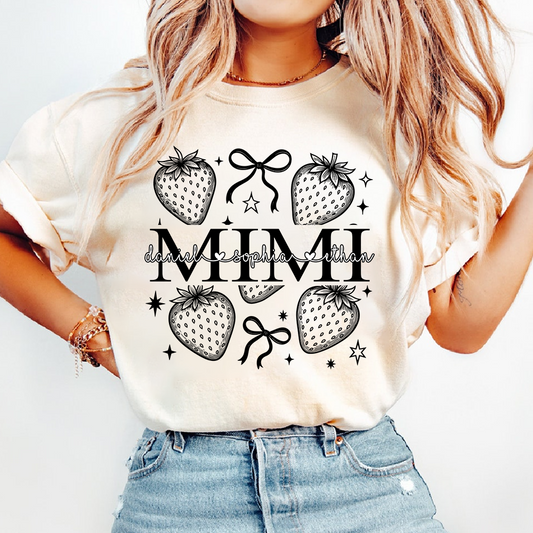 Personalized Mimi Strawberry Shirt, Custom Grandkids Names Floral Bow T-Shirt, Cute Grandma Gift, Summer Fruit Apparel