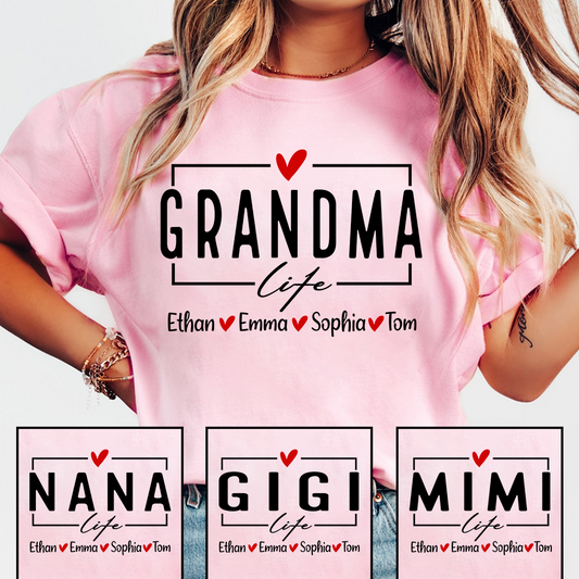 Grandma Life Shirt, Personalized Grandma T-Shirt with Kids' Names, Custom Family Apparel, Sentimental Gift for Grandmother