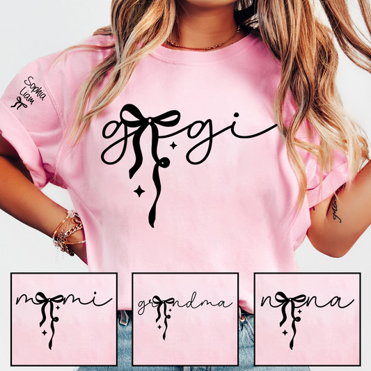Gigi Script Bow T Shirt, Modern Minimal Grandma Shirt, Personalized Name on Sleeve, Soft Casual Gift for Gigi Grandma