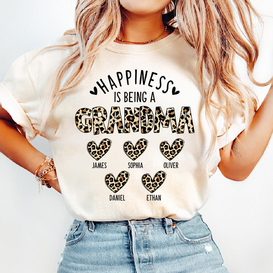 Happiness Is Being a Grandma Tee, Custom Grandma Shirt with Grandkids Names, Leopard Print Hearts Design