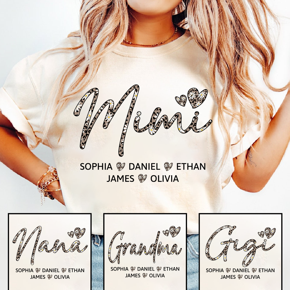 Personalized Mimi Shirt with Grandkids Names, Leopard Print Mimi Grandma T-Shirt Gift for Her